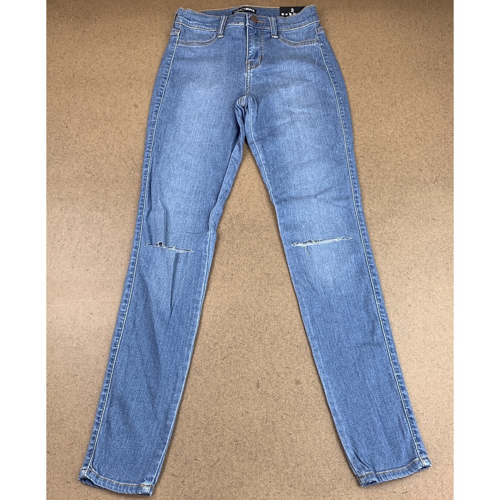 Fashion Nova Women's Size 3 Light Blue Wash Distressed Mid Rise Canopy Jeans NWT